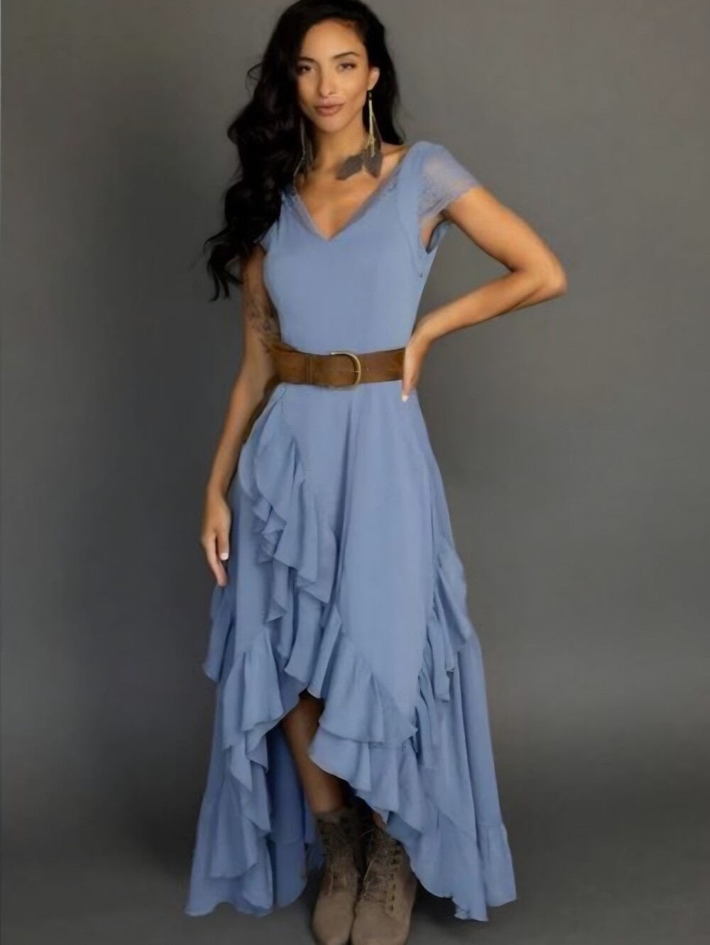 Joyfolie Baylin Dress In Bluestone Ruffle High-Low Maxi Dress-NWT